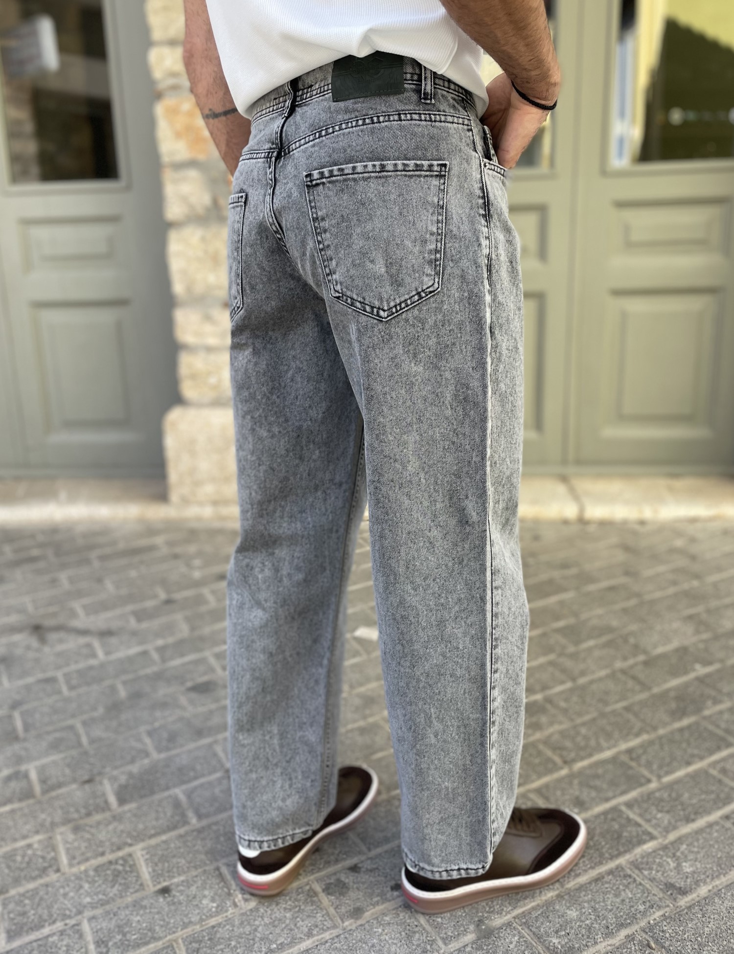 Ανδρικό γκρι Loose τζιν ελαστικό πεντάτσεπο με φερμουάρ G81091 φωτογραφία